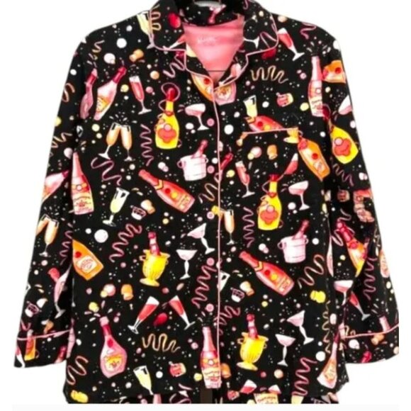 Nick & Nora Pajama Set Flannel Champagne Party New Year Black Pink Size Medium - Picture 4 of 5